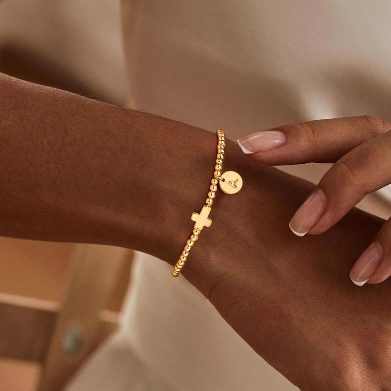M MOOHAM Valentines Day Gifts for Kids Women - Initial Bracelets for Women, Cross Bracelet Letter A-Z Cross Bracelet Gold Beaded Bracelets Dainty Small Jewelry, Religious Christian Gifts for Women - Image 2